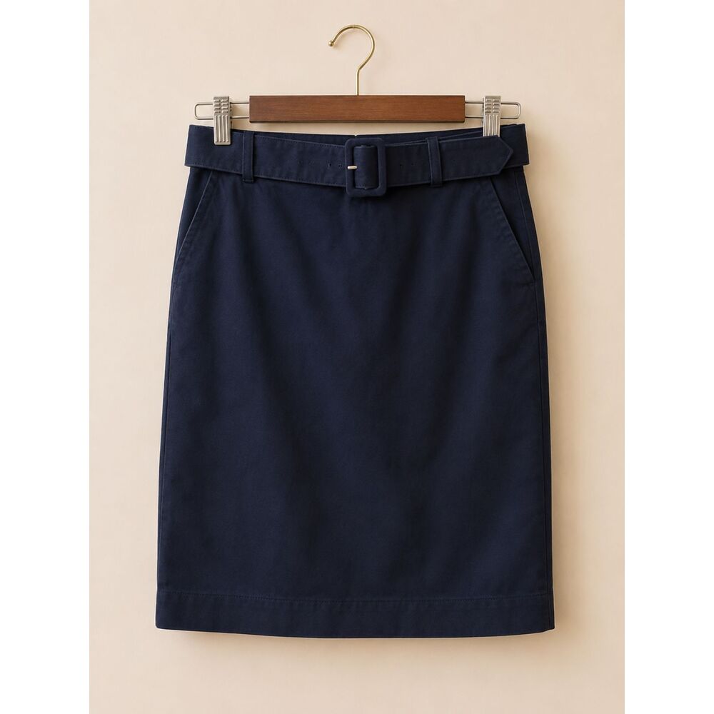 J.Crew Belted Pencil Skirt Size 2 Navy Cotton Blend GUC